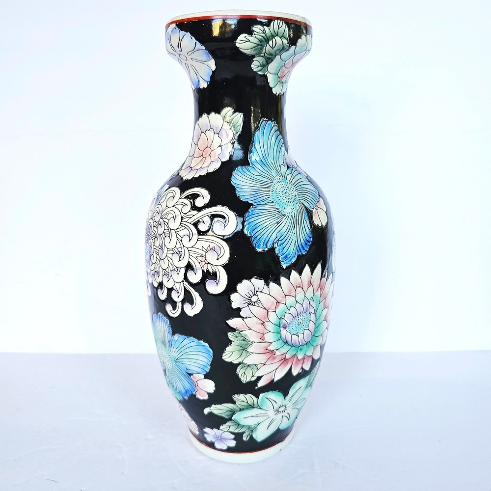 Vintage Japanese Porcelain Floral Vase Black Chrysanthemum Chinoiserie Decor 12"